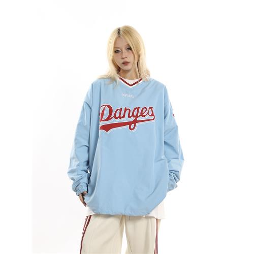 野生阿子美式高街V領球衣衛衣女街頭寬松運動情侶長袖潮牌上衣ins