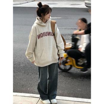 灰色高階感銀狐絨衛衣女春秋冬加絨加厚小眾設計連帽美式復古外套