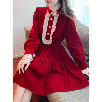 2024秋冬季新款法式復古紅色絲絨長袖連衣裙女神範氣質晚禮服裙子