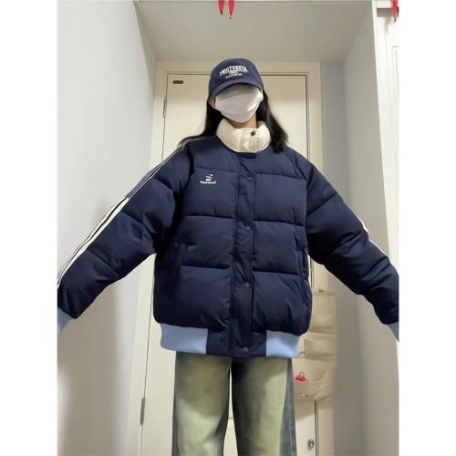 立領藏青色羽絨棉服外套女冬季加厚oversize小個子撞色棉衣棉襖潮