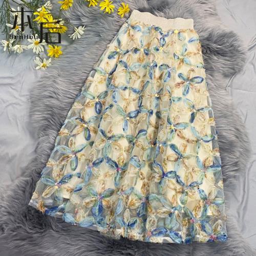 重工立體花朵亮片a字半身裙春秋女中長裙新款大擺紗裙裙子網紗裙