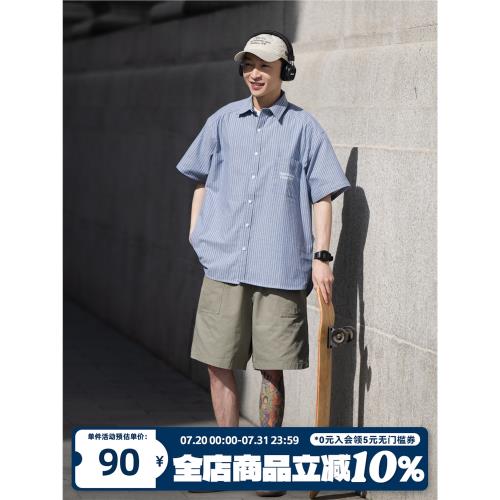 BELLKENIDEA 廓形復古簡約豎條紋短袖襯衫外穿內搭男女經典百搭潮