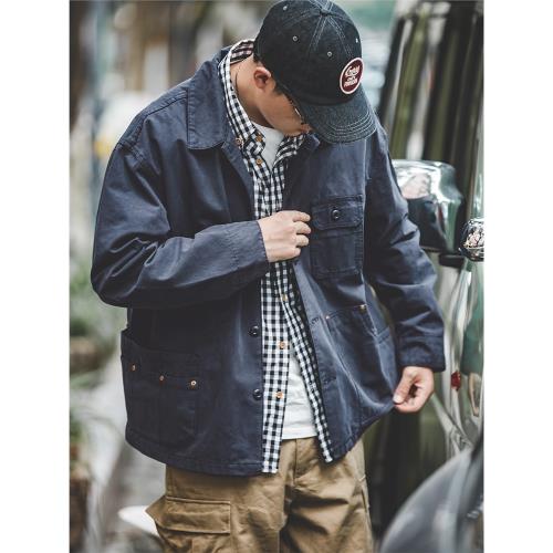 馬登工裝法式復古教練夾克藏青色日系翻領獵裝多口袋外套男士春