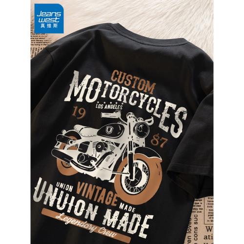 真維斯美式機車短袖男t恤夏季2025新款歐美復古街頭潮牌男士半袖X