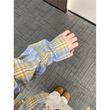 黃藍設計感男款加絨復古中性襯衫