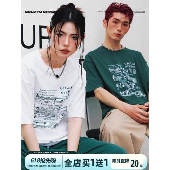 GTG原創美式復古潮牌音符圓領短袖男純棉春季新款oversize半袖T恤