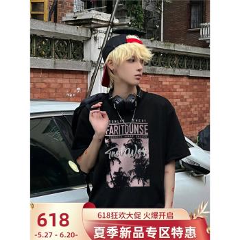 歐美hiphop高街潮牌黑色t恤短袖男生夏季oversize美式半袖上衣tee