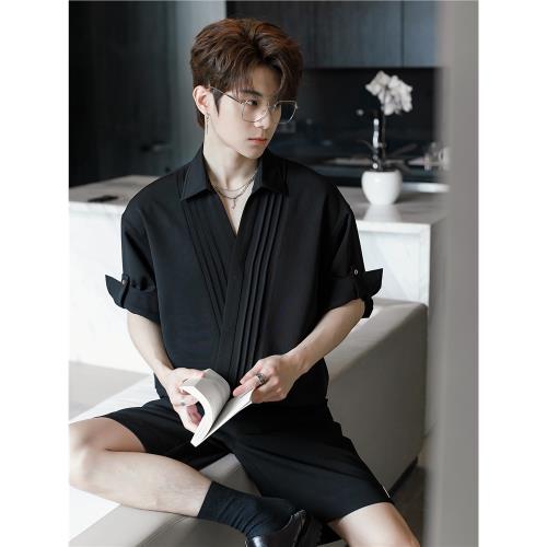 CHICERRO西西里男裝夏季痞帥男生設計感休閑短袖襯衫高級感上衣潮