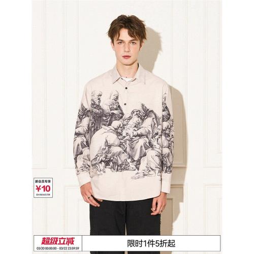 EMPTY REFERENCE 原創設計版畫美式街頭休閑寬松翻領襯衣長袖襯衫