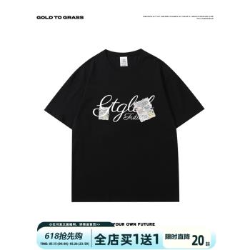 GTG原創美式復古潮牌圓領短袖男純棉春季新款寬松oversize半袖T恤