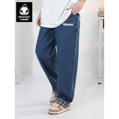 GNEANX閃電潮牌簡約牛仔褲休閑秋季新款松緊帶格紋卷邊褲腳長褲潮