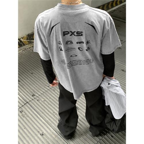 PLTH*水洗做舊復古重磅純棉賽車元素印花寬松美式小眾印花T恤男女