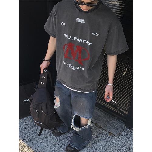 PLTH*水洗做舊復古重磅純棉原創印花寬松版型美式小眾印花T恤男女