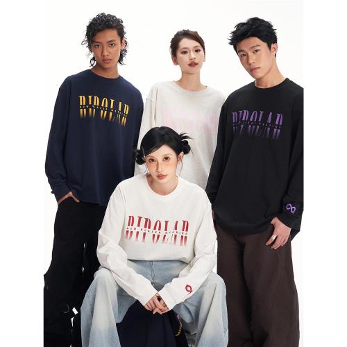 BIPOLAR美拉藍穿搭美式潮流小眾漸變印花寬松情侶純棉長袖t恤男女