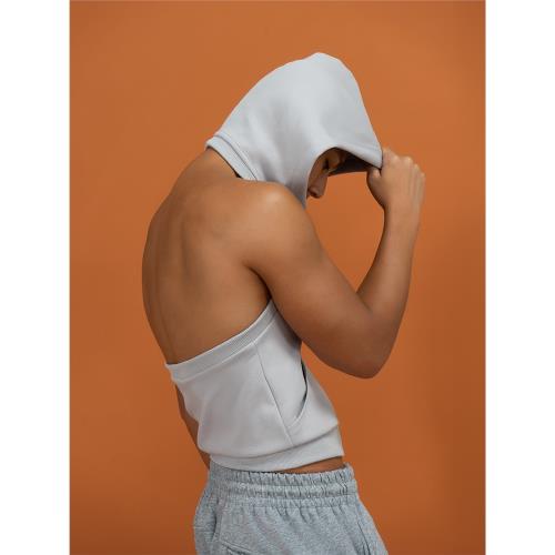 CLP灰綠露背連帽背心無袖衛衣短款修身運動彈力拉鏈外套馬甲男女