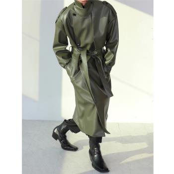 軍綠色中長款秋冬韓版潮流風衣