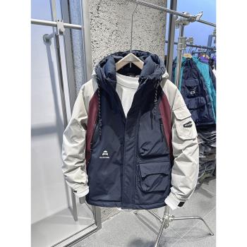 冬季加厚保暖羽絨服男潮牌寬松拼色工裝連帽沖鋒衣男士白鴨絨外套