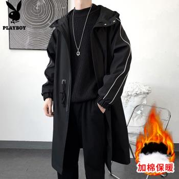 花花公子風衣外套男士中長款冬季新款青少年潮流帥氣秋冬連帽男裝