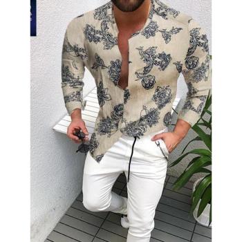 shirt men 2024爆款休閑百搭花朵襯衣寬松長袖襯衫男歐美大碼上衣