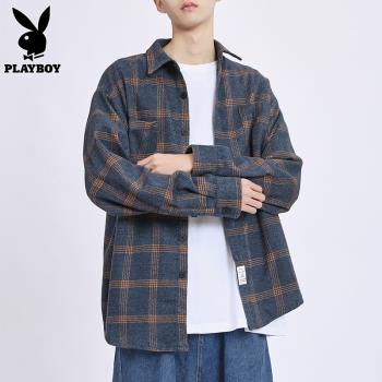 花花公子長袖上衣服休閑格子襯衫