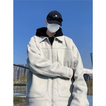 麂皮絨翻領夾克男春秋季美式ins復古痞帥寬松機能風休閑工裝外套