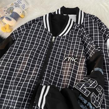 格子拼接兩面穿棒球服男秋季百搭飛行員夾克潮牌痞帥工裝薄款外套