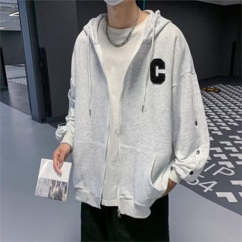 春秋季休閑灰色連帽開衫夾克外套