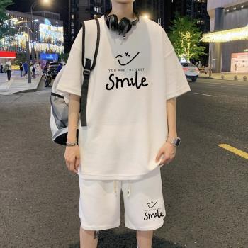 青少年短袖t恤男夏季男士套裝夏裝冰絲華夫格休閑運動服夏天男裝