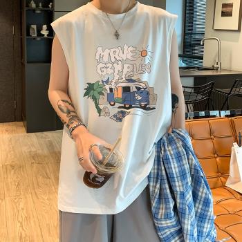 無袖男t恤夏季ins港風潮流簡約寬松運動背心青少年休閑帥氣坎肩薄