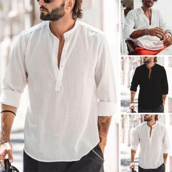 2023歐美男士休閑立領純色長袖襯衫ins潮流寬松襯衣Mens Shirts