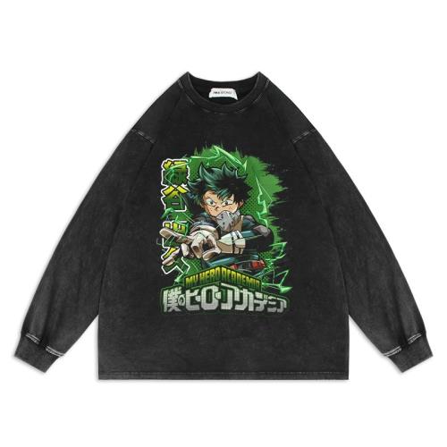 我的英雄學院動漫水洗做舊圓領長袖衛衣白墨直噴美式oversize復古