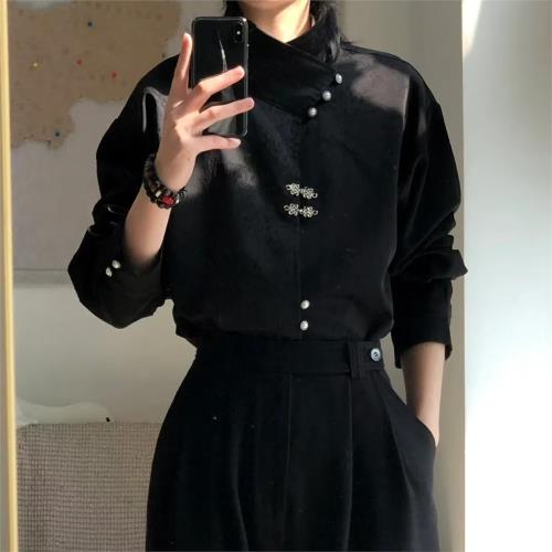 新中式國風緞面不規則盤扣立領襯衫外套男潮高級感唐裝長袖衫襯衣