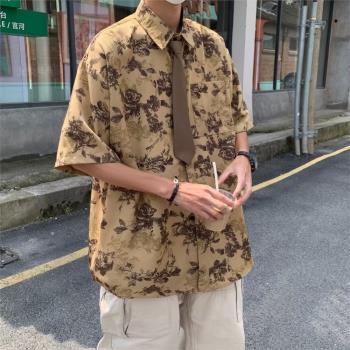 冰絲花襯衫男短袖夏季高階感痞帥半袖外穿防曬日系夏威夷沙灘襯衣