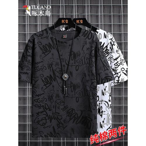 啄木鳥滿印短袖t恤男士薄款夏季新款潮牌創意印花體恤夏裝上衣服