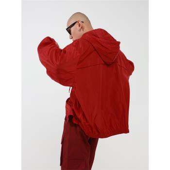 CLP紅色連帽襯衣領長袖夾克休閑外套男寬松潮流上衣防曬服廓形ins