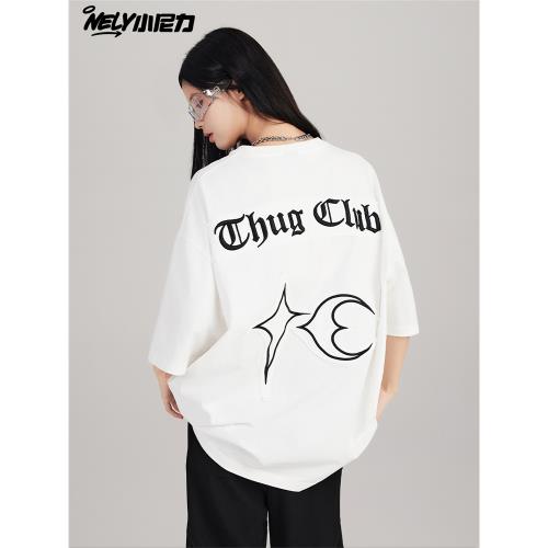 NELY小尼力美式復古潮牌貼布繡短袖T恤男女oversize純棉情侶上衣