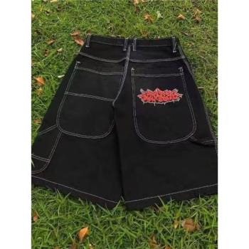 Denim shorts美式復古漸變牛仔褲高街直筒寬松闊腿oversize短褲男