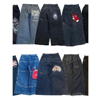 美式復古JNCO寬腿牛仔褲男士Y2K嘻哈原宿高品質街頭寬松長褲jeans