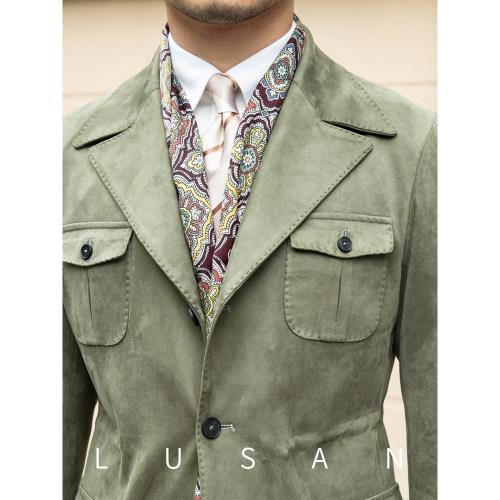 鹿三先生日系麂皮絨狩獵裝夾克秋冬輕奢通勤修身西裝領松緊外套潮