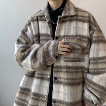 格子夾克男小香風毛呢外套ins港風chic復古翻領上衣秋季男生衣服
