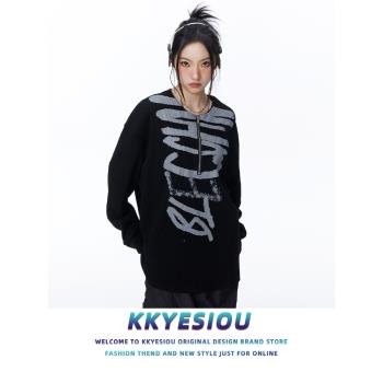 KKyesiou設計感潮牌美式復古拉鏈套頭毛衣男女oversize塗鴉針織衫