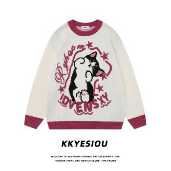KKyesiou美式復古學院風撞色貓咪針織衫男女vintage套頭情侶毛衣