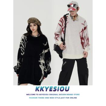 KKyesiou美式復古設計感不規則塗鴉情侶毛衣男女oversize針織線衫