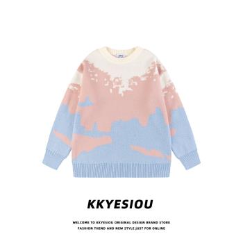 KKyesiou美式復古學院風潮牌情侶針織衫男女vintage圓領套頭毛衣