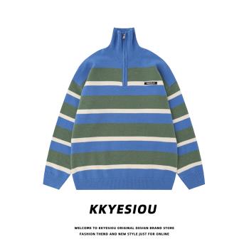 KKyesiou美式復古藍條紋高領情侶毛衣男女學院風百搭拉鏈針織線衫