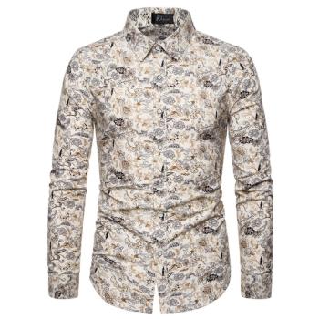 2023春裝印花長袖襯衫男Trendy mens long sleeve flower shirt