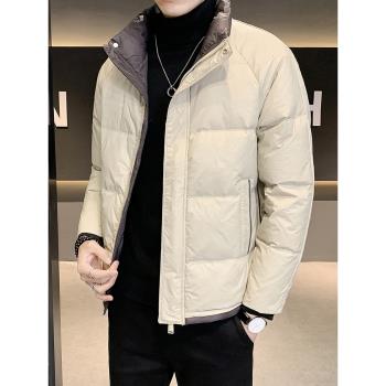 潮牌拼色立領高級感短款羽絨服
