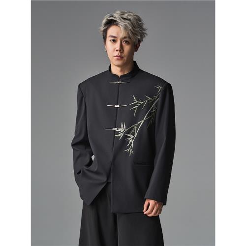 CNEW楚念貳問中國風新中式翠竹刺繡飛機扣立領中山裝西服外套寬松