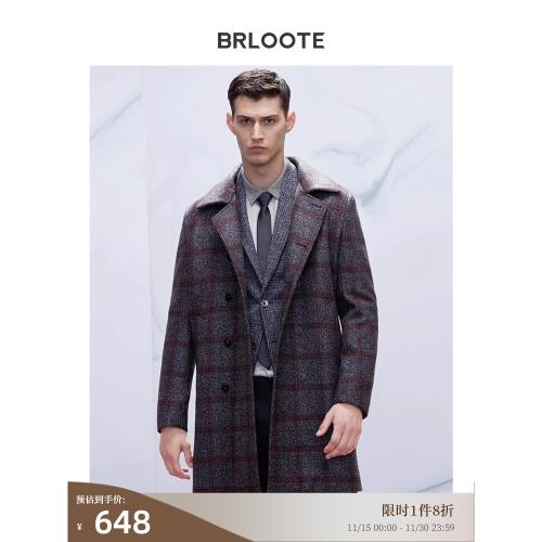 Brloote/巴魯特羊毛大衣男 羊駝毛時尚花紗雙排扣中長款秋冬外套