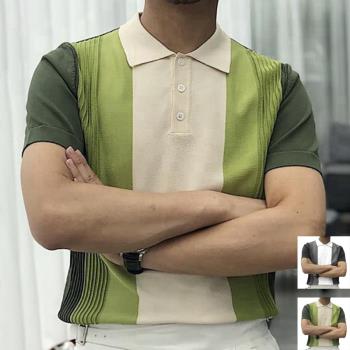 綠色條紋針織衫翻領短袖POLO衫T恤上衣男 MensPOLOT-shirt